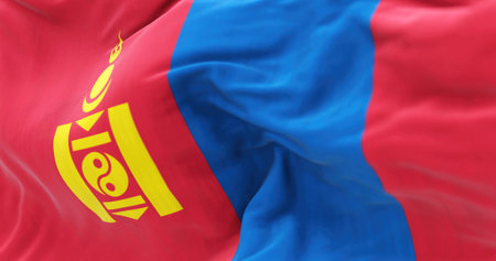 Detail of the Mongolia national flag waving in the wind. Mongolia is a State of East Asia. Rippled...