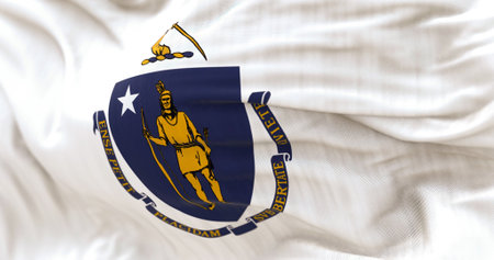 Detail of the Massachusetts state flag fluttering. State coat of arms on white background; depicts Algonquin for peace, white star represents state's admission to Union. 3D illustration render.の写真素材