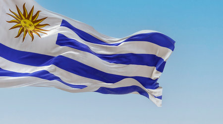 Uruguay national flag fluttering in the wind on a sunny day. 9 horizontal stripes: white and blue alternated, with Sol de Mayo in white square. 3d illustration render.の写真素材