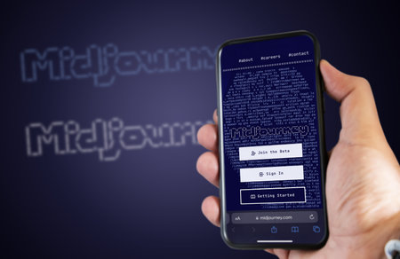 San Francisco US, Dec 2022: A hand holding a phone with the Midjourney website on the screen....