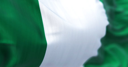 Close-up view of the Nigeria national flag waving. Three equal vertical bands: green, white and green. 3d illustration render. Selective focus. Close-up.の写真素材