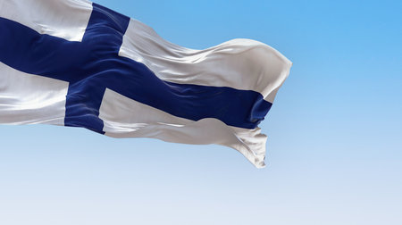 The national flag of Finland waving in the wind on a clear day. Blue Nordic cross on white background. Scandinavian country. 3D illustration render. Rippled textile.の写真素材