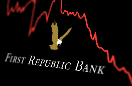 New York, US, March 2023: White First Republic Bank logo on a stock market performance chart trends. In March 2023, First Republic Bank was rescued by a consortium with $30bn. Illustrative editorialのeditorial素材