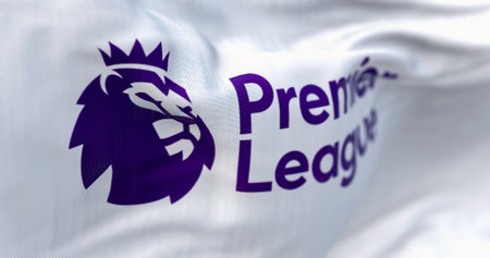 London, UK, april 2023: Close-up of the Premier League flag waving in the wind. Premier League is the top level of the English football league system. Illustrative editorial 3d illustration renderのeditorial素材