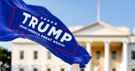 Washington D.C., US, march 2023: Flag with Donald Trump 2024 presidential election campaign logo waving in front a blurred White House. Illustrative editorial 3d illustration renderのeditorial素材