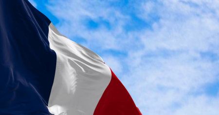 The national flag of France waving in the wind on a clear day. Tricolor of blue, white and red vertical stripes. EU state member. 3d illustration render. Fluttering textileの写真素材