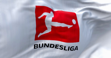 Munich, DE, April 2023: Close-up of the Bundesliga flag waving in the wind. Bundesliga is a professional association football league in Germany. Illustrative editorial 3d illustration render.のeditorial素材