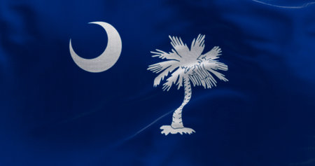 Detail of the South Carolina state flag waving. Blue field with white palmetto tree and crescent. US state. Rippled fabric. Textured background. 3d illustration render. Close-upの写真素材