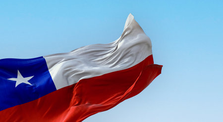 Chile national flag fluttering in the wind on a sunny day. The Chilean flag is red and white with a blue square and white 5-pointed star on the white band. 3d illustration render.の写真素材