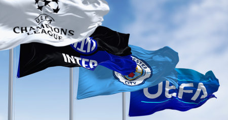 Istanbul, TR, May 2023: The flags of the Champions League, Inter Milan, Manchester City and UEFA waving. Inter Milan vs Man City in 2023 CL final. Illustrative editorial 3d illustration renderのeditorial素材