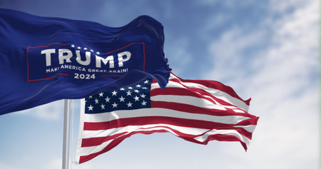 Arlington, US, march 2023: Flags of Donald Trump election campaign and the national flag of the United States waving. 2024 US presidential elections. Illustrative editorial 3d illustration renderのeditorial素材