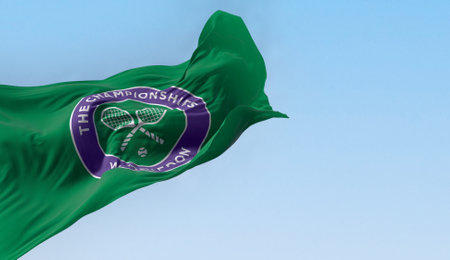 London, UK, May 2023: Flag with The Championships Wimbledon logo waving in the wind. Wimbledon Championships is a major tennis tournament. Illustrative editorial 3d illustration render.のeditorial素材