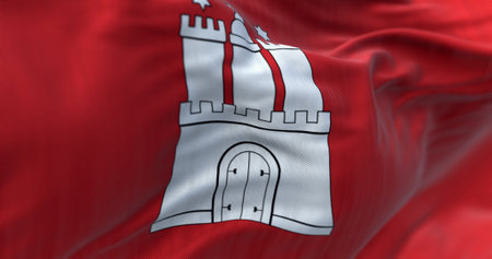 Close-up of the Hamburg city-state flag waving in the wind. 3d illustration render. Selective focus. Fluttering fabricの写真素材