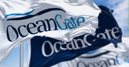 Everett, Washington, US, June 20 2023; Oceangate flags waving. OceanGate is a company specializing in deep-sea exploration and underwater technology. Illustrative editorial 3d illustration renderのeditorial素材