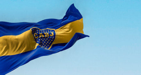 Buenos Aires, AR, June 15 2023: Boca Juniors flag waving in the wind. Argentine sports club based in Buenos Aires. Illustrative editorial 3D illustration renderのeditorial素材