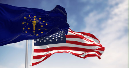 Indiana state flag waving with the national flag of the United states on a clear day. 3d illustration render. Fluttering fabricの写真素材