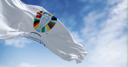 Berlin, DE, June 30 2023: UEFA Euro 2024 European Football Championship flag waving on a clear day. International Sport event. Illustrative editorial 3d illustration renderのeditorial素材