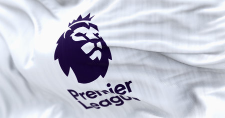 London, UK, april 22 2023: Three Premier League flags waving in the wind. Premier League is the top...
