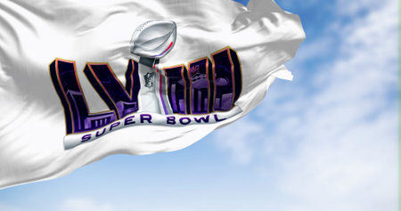 Paradise, US, June 24 2023: 58th Super Bowl flag waving on a clear day. The game is scheduled to be played on Feb 11, 2024 in Paradise, Nevada. Illustrative editorial 3d illustration renderのeditorial素材
