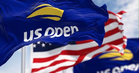 New York, US, July 2 2023: Us Open and the american flags waving on a clear day. Major tennis tournament held annually in New York. Grand Slam event. Illustrative editorial 3d illustration renderのeditorial素材