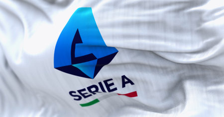 Rome, ITA, April 2023: Close-up of the Serie A TIM flag waving in the wind. Top division of the Italian men football league. Fabric textured background. Illustrative editorial 3d illustration renderのeditorial素材