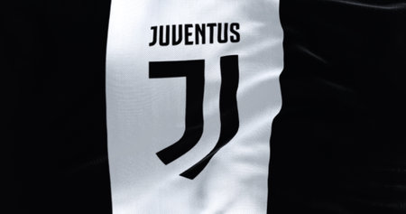 Turin, Italy, july 23 2023: Close-up of Juventus Football Club flag waving. Italian professional...