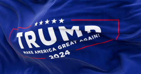 Arlington, US, July 21 2023: Close-up of Donald Trump election campaign flag waving. 2024 US presidential election. Illustrative editorial 3d illustration renderのeditorial素材
