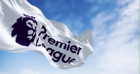 London, UK, april 2023: Premier League flag waving in the wind. Premier League is the top level of the English football league system. Illustrative editorial 3d illustration renderのeditorial素材