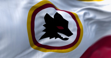 Rome, Italy, July 30 2023: AS Roma Lupetto flag waving. AS Roma is a professional football club based in Rome. Illustrative editorial 3d illustration render. Fabric textured backgroundのeditorial素材