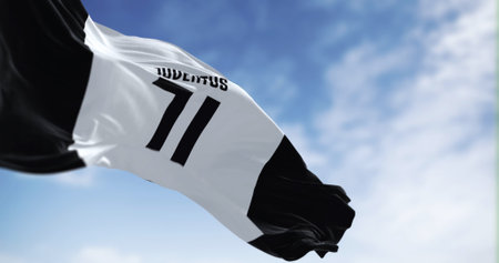 Turin, Italy, Aug 1 2023: Juventus Football Club flag waving on a clear day. Italian professional football club based in Turin. Illustrative editorial 3d illustration render. Selective focusのeditorial素材