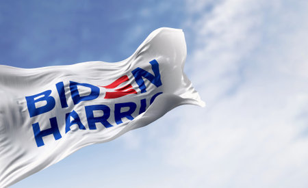 Washington D.C., US, april 22 2023: Flag with Biden Harris 2024 presidential election campaign flag waving on a clear day. Illustrative editorial 3d illustration renderのeditorial素材