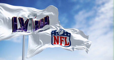 Paradise, US, June 20 2023: 58th Super Bowl and NFL flags waving. The game is scheduled to be played...