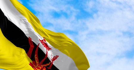 National flag of Brunei waving in the wind on a clear day. Brunei Darussalam is a country in the Southeast Asia. 3d illustration render. Fluttering fabric. Selective focusの写真素材