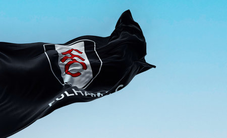 London, UK, sept 5 2023: flag of Fulham Football Club waving. Professional Football club based in London. English Premier League. Fluttering fabric. Illustrative editorial 3d illustration renderのeditorial素材