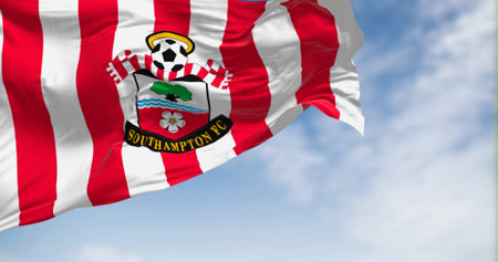 Southampton, UK, October 5 2023: Southampton Football Club flag waving in the wind on a clear day. English professional football club. Illustrative editorial 3d illustration renderのeditorial素材