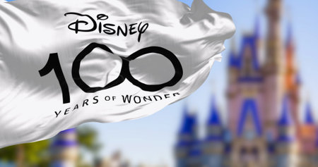 Orland, US, October 10 2023: Celebratory flag for the 100th anniversary of the Walt Disney Company...