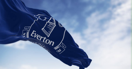 Liverpool, UK, Sept. 21 2023: Everton Football Club flag waving on a clear day. Professional english football club. Illustrative editorial 3d illustration render. English Premier Leagueのeditorial素材