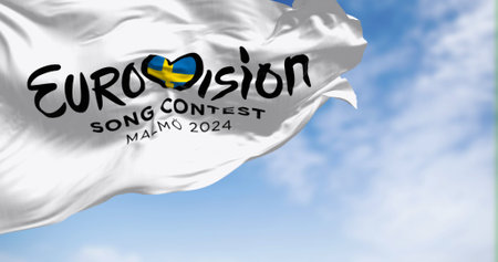 Malmö, SE, Oct. 25 2023: Eurovision Song Contest 2024 waving on a clear day. The 2024 edition will take place in Malmö on may. Illustrative editorial 3d illustration renderのeditorial素材