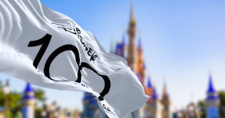 Orlando, US, October 10 2023: Celebratory flag for the 100th anniversary of the Walt Disney Company...