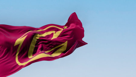 Cleveland, US, Sept 10 2023: Cleveland Cavaliers flag waving on a clear day. American professional...