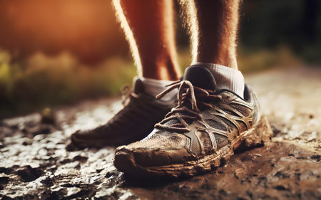 A pair of muddy, gray and black running shoes are on a trail. The background, filled with trees and bushes, is blurred. Warm, shallow depth of field. Generative AIの素材