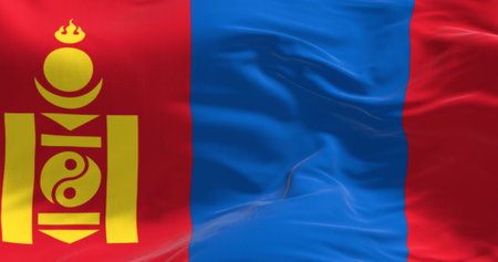 Close-up of Mongolia national flag waving in the wind. Red, blue, red stripes, yellow Soyombo on left red. 3d illustration render. Rippling fabric. Textured backgroundの写真素材
