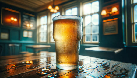 Condensation beads on a cold pint glass of beer in a pub, with warm sunlight casting a glow in the background. - Generative AIの素材