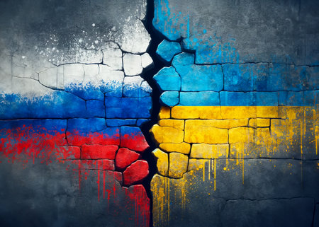 A grunge textured wall with the flags of Russia and Ukraine depicted as cracked paint, symbolizing conflict. - Generative AIの素材