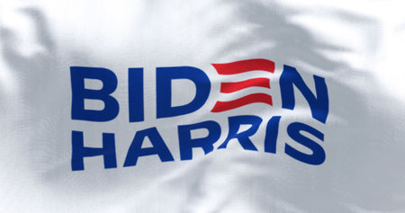 Washington D.C., US, Oct. 22 2023: Close-up of Biden Harris 2024 presidential election campaign flag...
