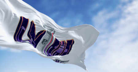 Paradise, US, June 24 2023: Close-up of 58th Super Bowl flag waving. Game is scheduled to be played on Feb 11, 2024 in Paradise, Nevada. Illustrative editorial 3d illustration render. Selective focusのeditorial素材