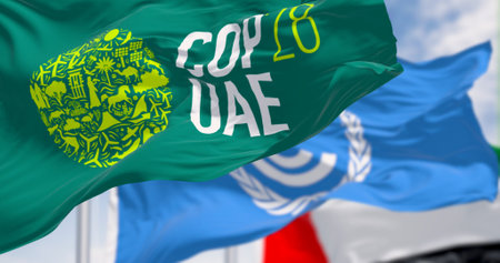 Dubai, UAE, Nov. 30 2023: Flags of COP28, UNFCCC and UAE waving on a clear day. 3d illustration render. Selective focus. Rippling fabricのeditorial素材