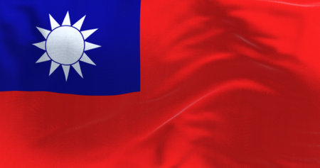 Close-up of Taiwan flag waving in the wind. Red flag with white sun with 12 rays on blue rectangle. 3d illustration render. Selective focus. Close-up. Textured backgroundの写真素材