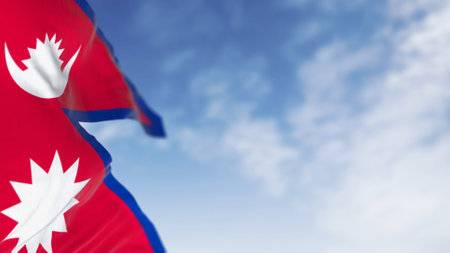 Close-up of Nepal National flag waving in the wind on a clear day. The only Non-quadrilateral national flag in the world. 3d illustration render. Rippling fabric. Selective focusの写真素材