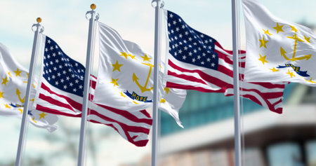 Rhode Island state flag waving with the american flag. Gold anchor in the center surrounded by thirteen gold stars. 3d illustration render. Rippling fabric.の写真素材